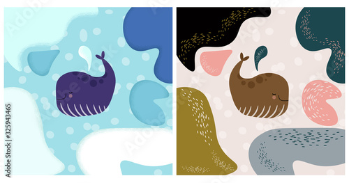 Set of children's illustrations with whales and colorful ice floes