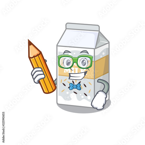 A smart Student rice milk character holding pencil