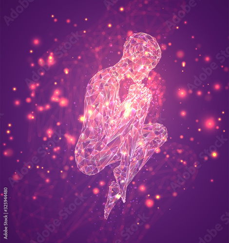 A female silhouette of luminous lines and dots dancing on an abstract pink background. vector layout