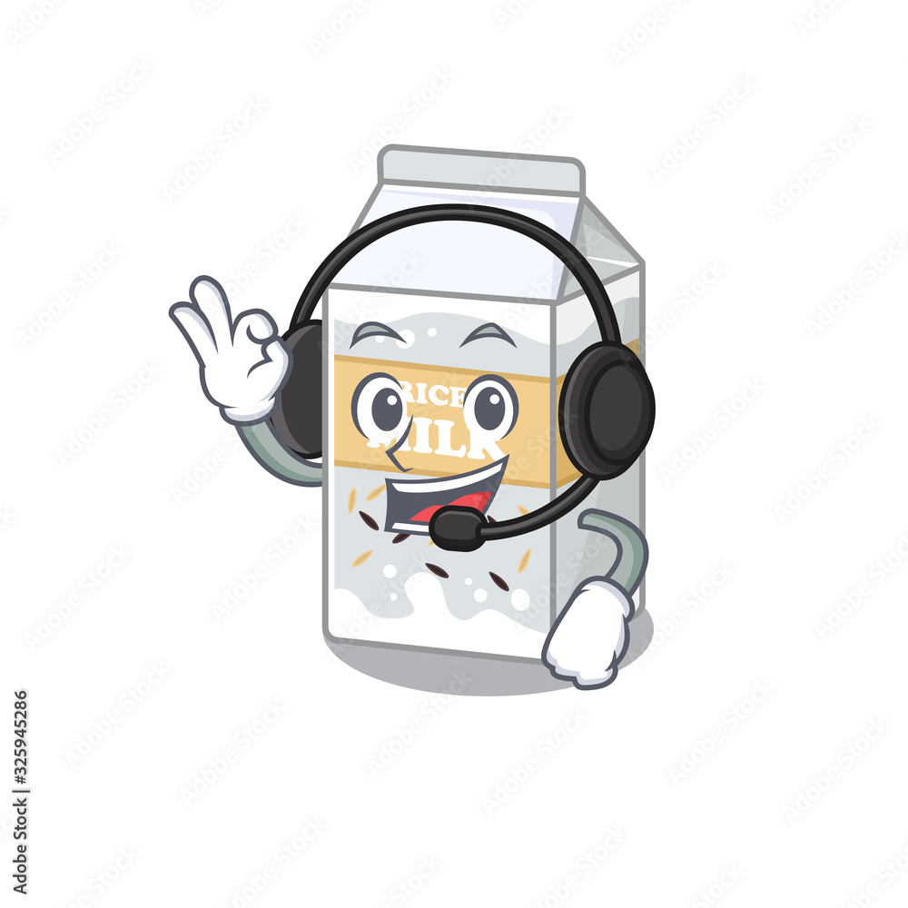 Happy Rice milk mascot design style wearing headphone