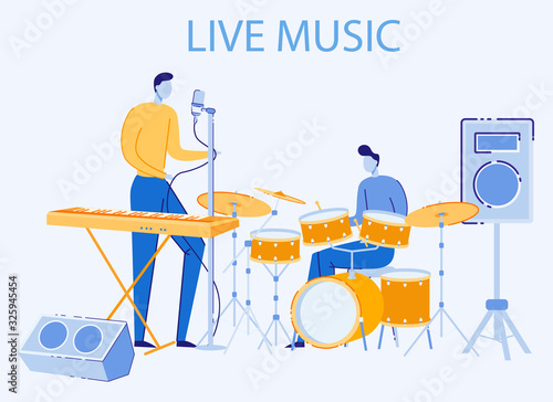 Festival Promotion Advertising or Invitation Poster for Live Sound Music Concert. Couple of Men Musicians Playing Synthesizer and Drums with Acoustic Equipment Cartoon Flat Vector Illustration, Banner
