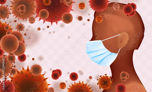 3D female portrait in a medical mask against the background of bacteria, viruses, spores and dust.