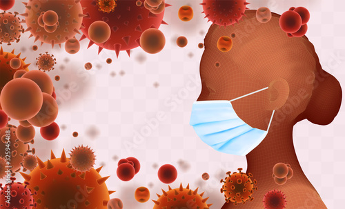 3D female portrait in a medical mask against the background of bacteria, viruses, spores and dust.