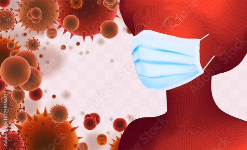 3D female portrait in a medical mask against the background of bacteria, viruses, spores and dust.