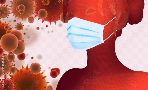 3D female portrait in a medical mask against the background of bacteria, viruses, spores and dust.