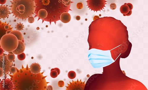 3D female portrait in a medical mask against the background of bacteria, viruses, spores and dust.