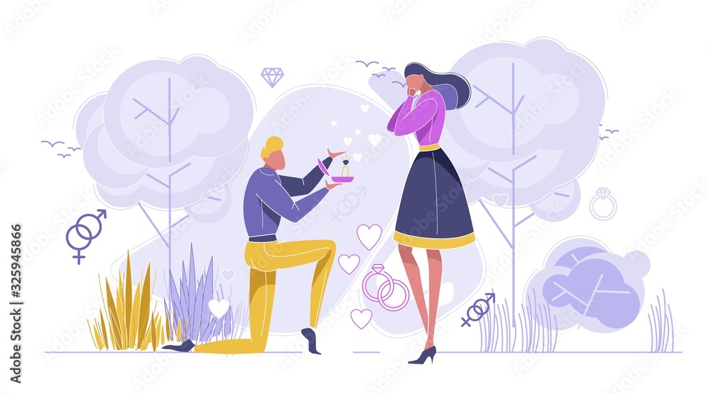 Couple on Romantic Event Flat Cartoon Vector Illustration. Man on Knee Making Marriage Proposal to Woman. Boy Holding Ring with Diamond in Box for his Girlfriend. Love Relationship in Park. Couple on Romantic Event Flat Cartoon Vector Illustration. Man on Knee Making Marriage Proposal to Woman. Boy Holding Ring with Diamond in Box for his Girlfriend. Love Relationship in Park.