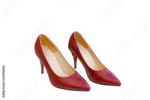 Leather high heels shoes on white background with Clipping path . Office Shoes for Women.