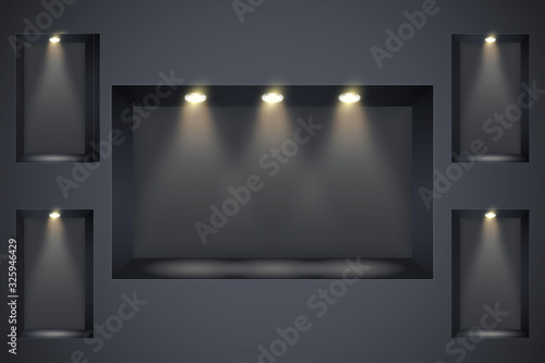 Wall with niches and spotlights. Concept of gallery. Recess in a dark wall in rectangle shaped with point light. Black color. Editable Background Vector illustration.