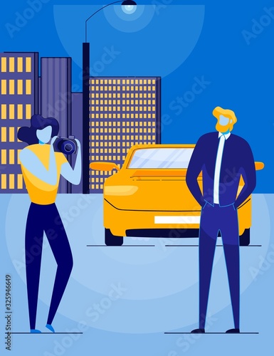 Plakat Paparazzi or Reporter, Woman Taking Picture and Celebrity. People Cartoon Characters on Modern City Background. Famous Person or Movie Star Posing to Photographer. Flat Cartoon Vector Illustration.