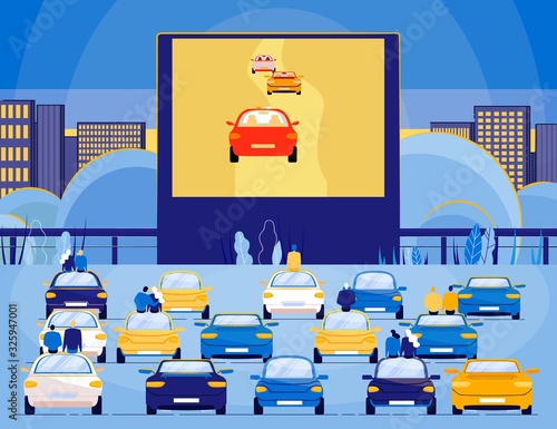 Open Air Car Cinema Theater on Modern City Night Landscape Background. People Watching Movie from Parked Automobiles on Big Screen. Summer Popular Entertainment. Flat Cartoon Vector Illustration.