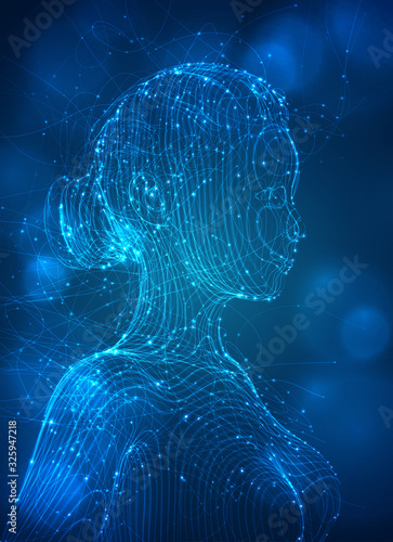 vector portrait of a girl from lines and flashes, delicate fragile silhouette, fantasy on a blue background