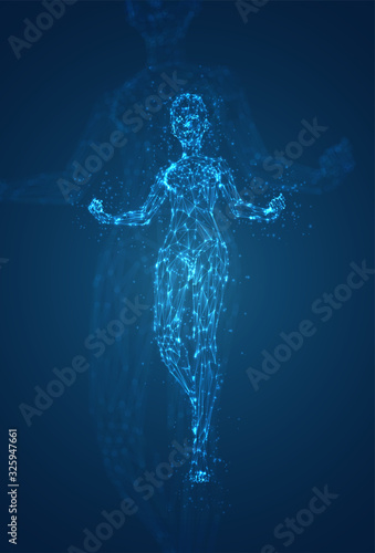 A female silhouette of luminous lines and dots dancing on an abstract dark blue background. vector layout