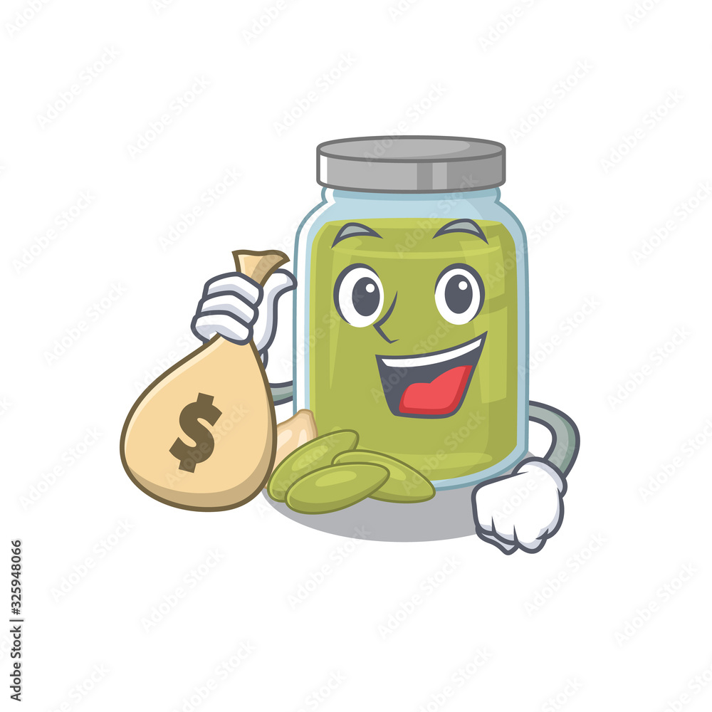 Rich and famous pumpkin seed butter cartoon character holding money bag Rich and famous pumpkin seed butter cartoon character holding money bag