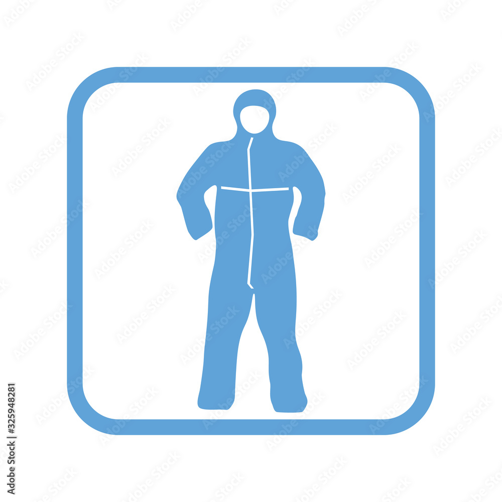Protective suit, icon. Square blue sign. Vector illustration on white background. Protective suit, icon. Square blue sign. Vector illustration on white background.