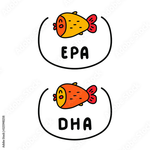 Hand drawn badges with fish icons and words - dha, epa. Vector illustrations on white background.