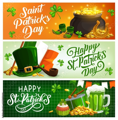 St Patricks Day Irish holiday objects. Vector banners of leprechaun hat, green clover leaves and pot of gold, shamrock, beer, flag of Ireland and lucky horseshoe, golden coins, drum and smoking pipe