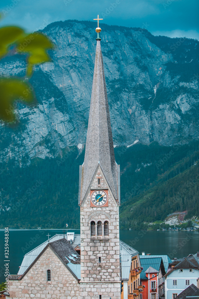 bell tower close up hallstatt austria