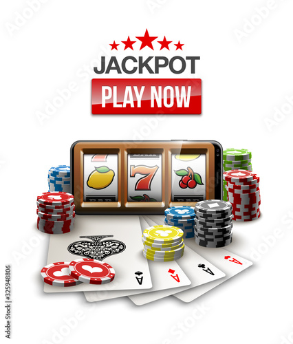 big win illustration Online Jackpot casino Slot machine banner in mobile phone. Chips, playing card, dice. Marketing Luxury Banner Jackpot Online Casino game Slot-machine in Smartphone play now poster