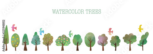 Set of trees and birds, watercolor texture