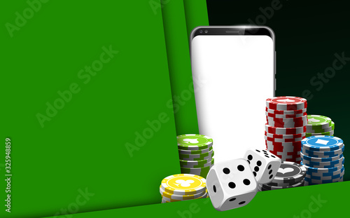 illustration Online Poker casino banner with a mobile phone, chips and dice. Marketing Luxury Banner Jackpot Online Casino with New model Smartphone. Empty advertising poster flat paper cloud for text