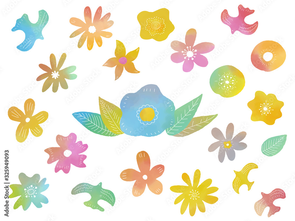 Set of watercolor flowers and birds , vector illustration.