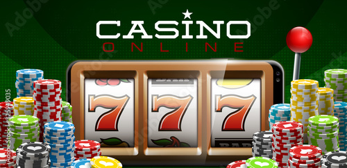 Illustration banner of mobile online casino application with 777 big win slot machine. Realistic advertising poster with online mobile app casino and Jackpot 777. Play now in One Armed Bandit banner