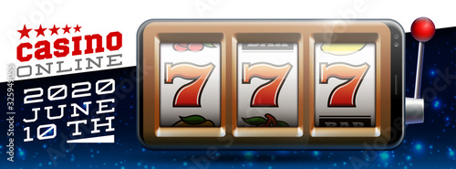 Illustration banner of mobile online casino application with 777 big win slot machine. Realistic advertising poster with online mobile app casino and Jackpot 777. Play now in One Armed Bandit banner