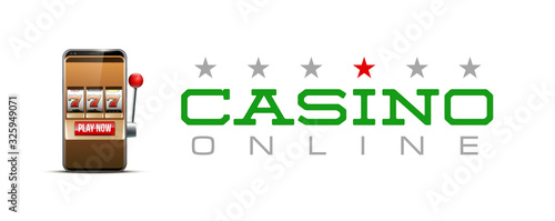 Illustration banner of mobile online casino application with 777 big win slot machine. Realistic advertising poster with online mobile app casino and Jackpot 777. Play now in One Armed Bandit banner