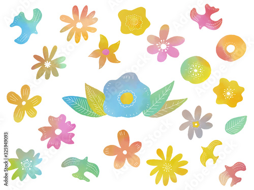 Set of watercolor flowers and birds   vector illustration.