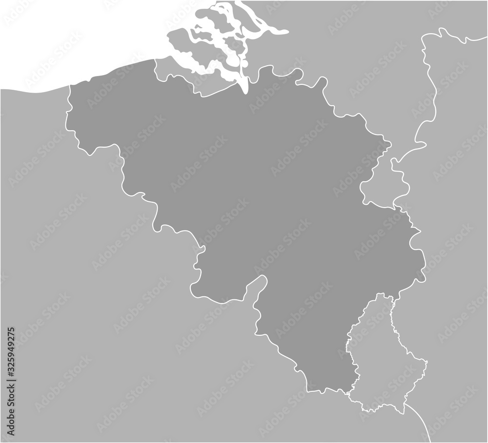 Vector modern illustration. Simplified geographical  grey map of Belgium and nearest countries (France, Germany, Luxembourg, Netherlands). White background of North sea