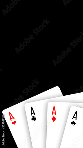 banner 3d realistic playing cards 4 aces isolated on black background with empty place for text. blank poster template with design card four of a kind poker hand