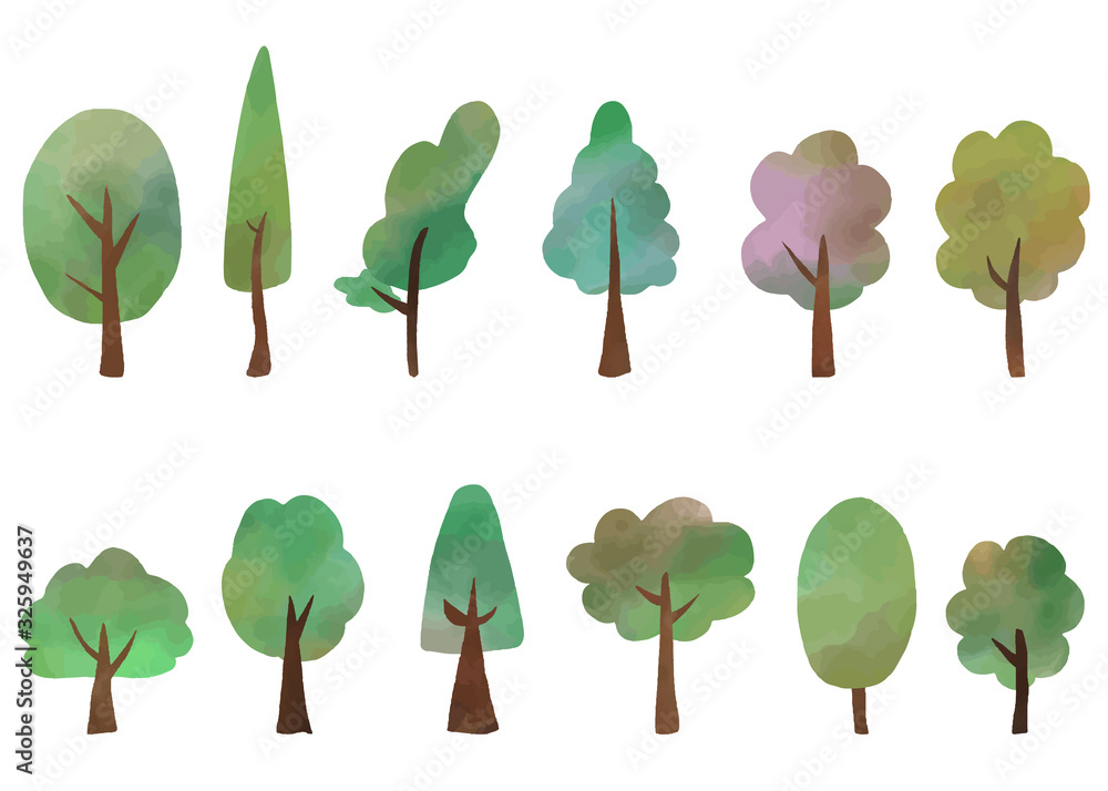 Fototapeta premium Set of trees, watercolor texture