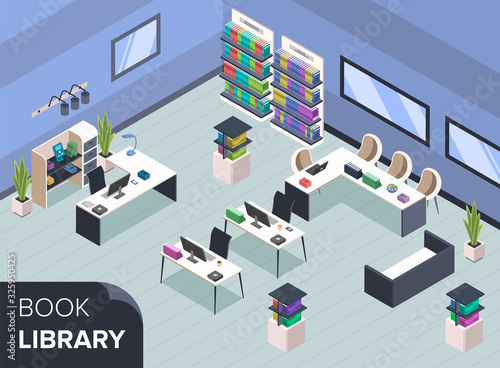 Modern book library isometric color vector illustration. Bookshelves with books. Librarian desk, bookstore administrator table. Furnished public library interior with no people 3d concept