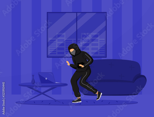 Apartment break-in flat color vector illustration. Burglar stealing property from flat. Housebreaking. House burglary. Criminal act. 2D cartoon character, interior on background