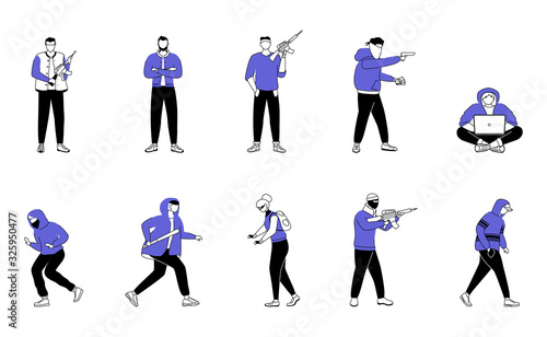 Criminals flat silhouette vector illustrations set. Armed robbers, burglars. Thieves with guns, vandals. Street bullies. 2D isolated outline characters on white background. Simple style drawings