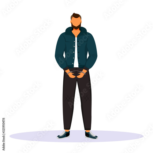 Man in handcuffs flat color vector faceless character. Prisoner, suspect. Guy accused of committing crime. Captured criminal. Convicted person. Arrested thief. Isolated cartoon illustration
