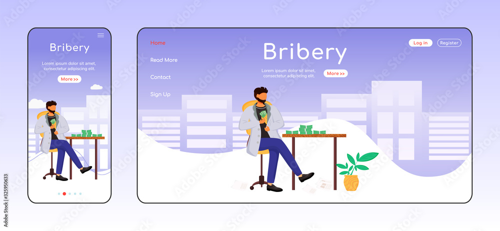 Bribery adaptive landing page flat color vector template. Corruption mobile and PC homepage layout. Illegal profit. Corrupted official one page website UI. Webpage cross platform design