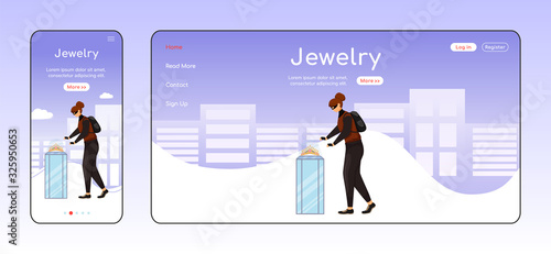Jewelry theft adaptive landing page flat color vector template. Museum robbery mobile and PC homepage layout. Jewellery store burglary. Criminal act one page website UI. Webpage cross platform design