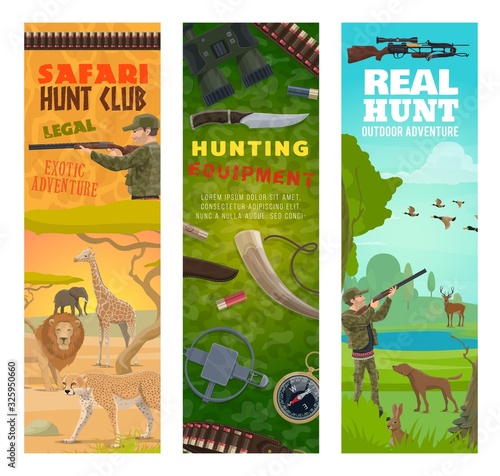 Hunting sport banners with vector hunters, animals, hunt equipment and ammunition. Hunter with gun and rifle, ducks and deer, african safari lion, elephant and jaguar, dog, compass and binoculars