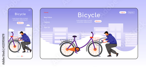 Bicycle theft adaptive landing page flat color vector template. Man stealing bike. Street burglar mobile and PC homepage layout. Outdoor robbery one page website UI. Webpage cross platform design