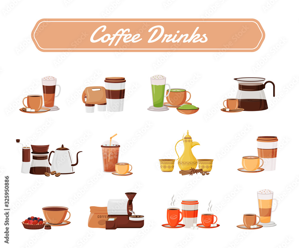 Coffee drinks flat color vector objects set. Cappuccino serving