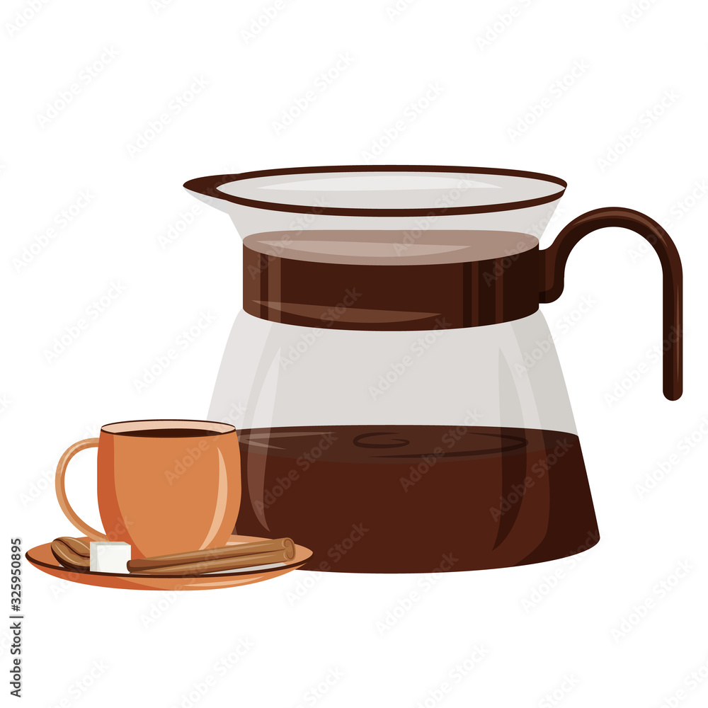 Morning drink cartoon vector illustration. Coffeeshop drink. Espresso with sugar and cinnamon. Cafeteria food. Coffee pot flat color object. Americano in mug isolated on white background Morning drink cartoon vector illustration. Coffeeshop drink. Espresso with sugar and cinnamon. Cafeteria food. Coffee pot flat color object. Americano in mug isolated on white background