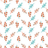 Seamless pattern with Doodle branches, leaves and orange berries. Sea-buckthorn. Organic healthy food background. Botanical texture for textiles, paper and more. A hand-drawn vector is flat