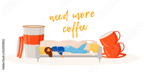 Need more coffee flat concept vector illustration. Sleepy woman wants caffeine. Workaholic needs americano. Tired girl 2D cartoon character for web design. Overworked person creative idea