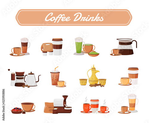 Coffee drinks flat color vector objects set. Cappuccino serving. Traditional dallah. Americano in ceramic mugs. Espresso takeout. Cups and kettles 2D isolated cartoon illustrations on white background