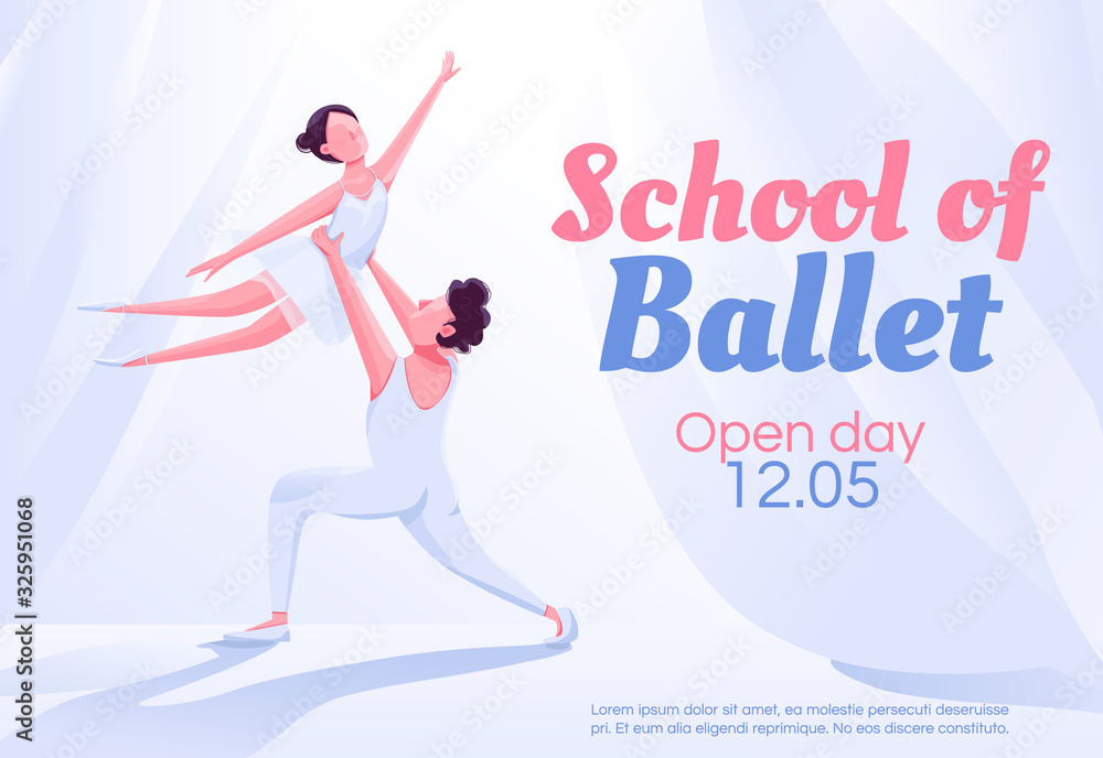 School of ballet banner flat vector template. Brochure, poster concept design with cartoon characters. Theatre dance partners movement horizontal flyer, leaflet with place for text