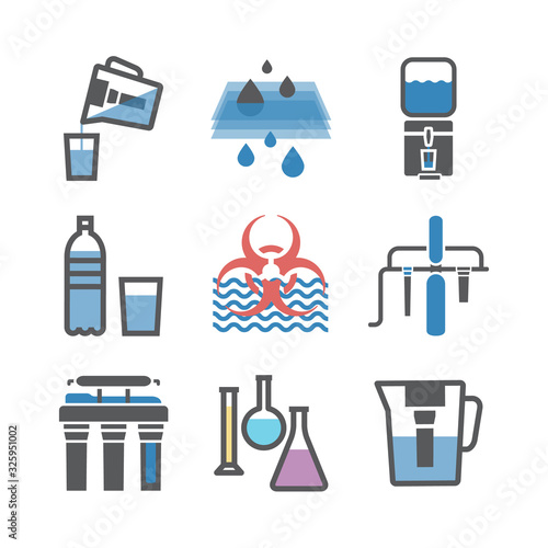 Water purification flat icons, filters sign. Vector signs for web graphics.
