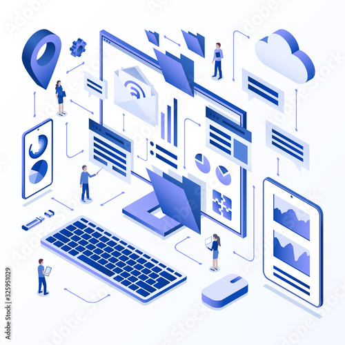 Workflow optimization 3d isometric concept. Vector illustration of teamwork, time management, organization of working process, productivity improvement, creative solutions.