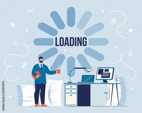 Productivity Loading Process. Awakeness-Related Theme. System Software Update and Upgrade. Effective Thought and Idea. Office Worker Wait with Cup of Hot Drink. Take Coffee Break. Vector Illustration